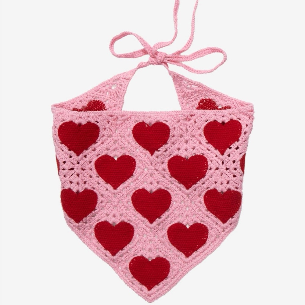 Hot Topic Pink and Red Heart Crochet Bandana kerchief